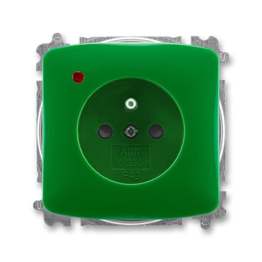 5599A-A02357 Z  Zásuvka jednonásobná s ochranným kolíkem, s clonkami, s ochranou před přepětím, zelená